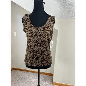 Tahari Brown Leopard Fine Knit Tank Top 10 Petite Wool Blend NWT Relaxed Scoop